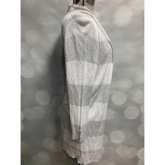 RED grey white striped long lightweight open large cardigan button sleeve detail - Picture 3 of 7